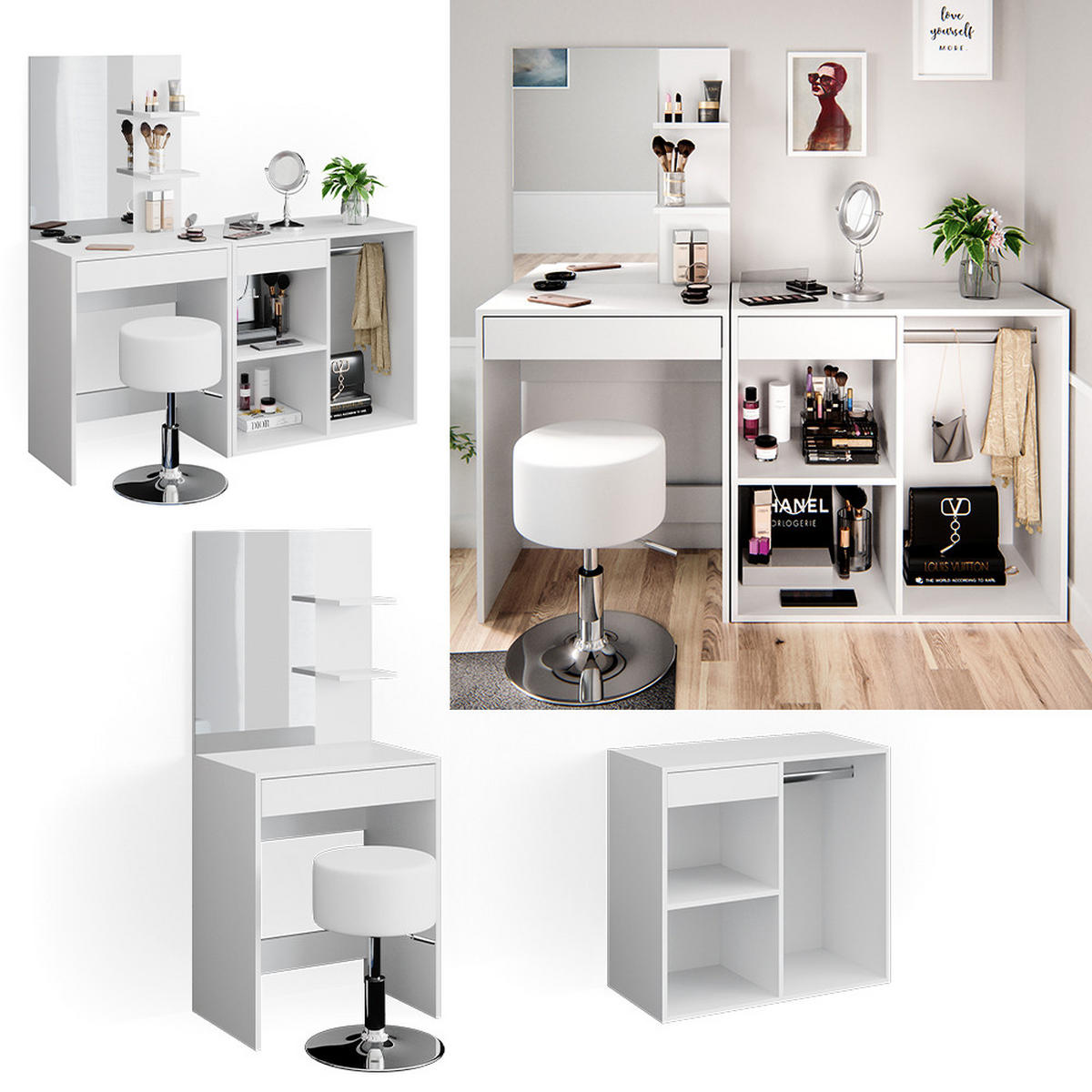 SCHMINKTISCH Isabelle Weiß 60 cm mit Hocker - Weiß, Holzwerkstoff (60/140/40cm) - Vicco