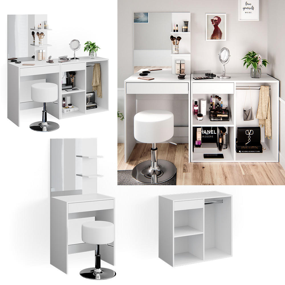 Thumbnail - Vicco Schminktisch, Weiß, Holzwerkstoff, 8 Fächer, 2 Schubladen, Rechteckig,Rechteckig, 140x140x40 cm, Schlafzimmer, Sch...