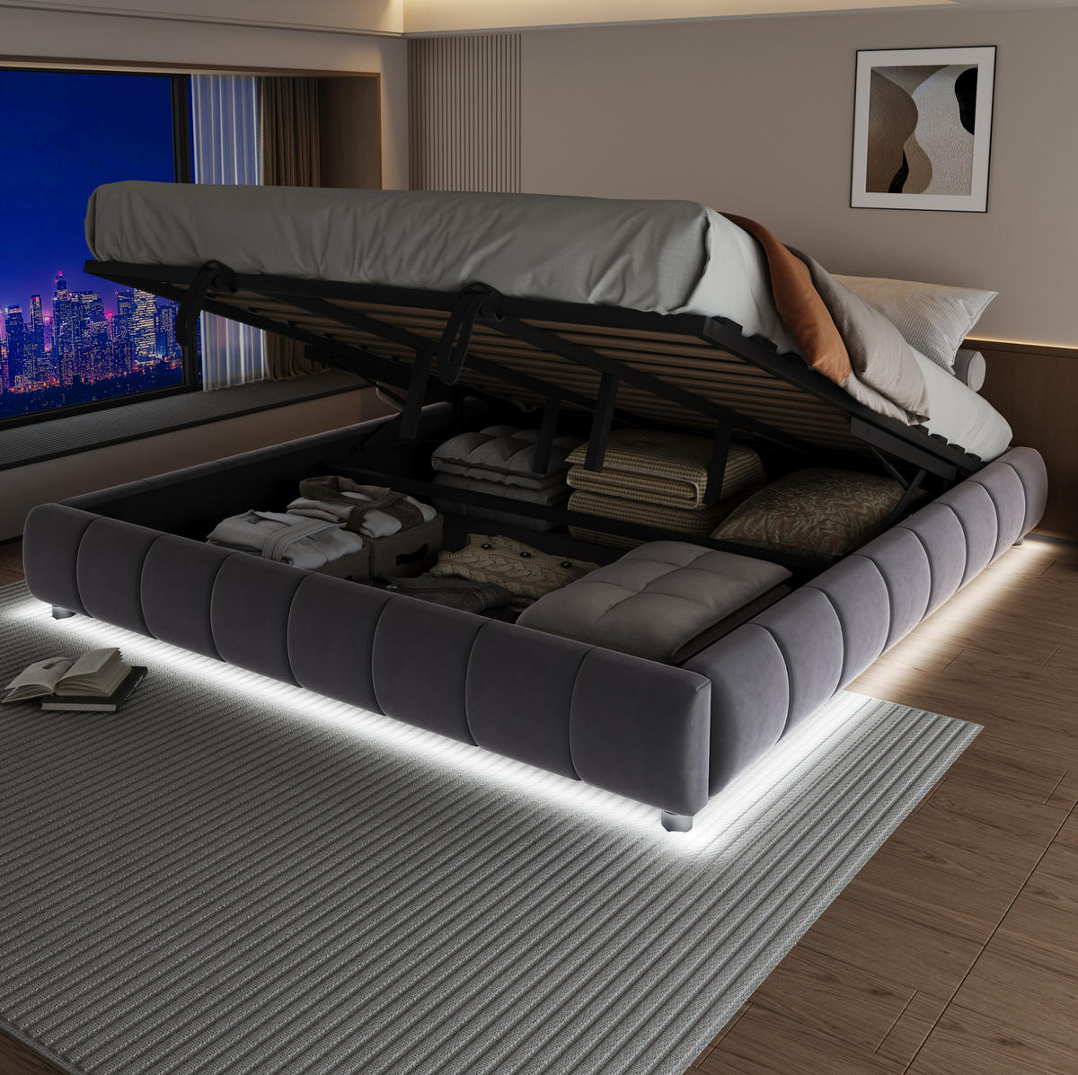 ČALÚNENÁ posteľ z flanelu 180x200 cm sivá s LED osvetlením, hydraulickým úložným priestorom a bez čela - sivá, textil (180/200cm) - Modfu