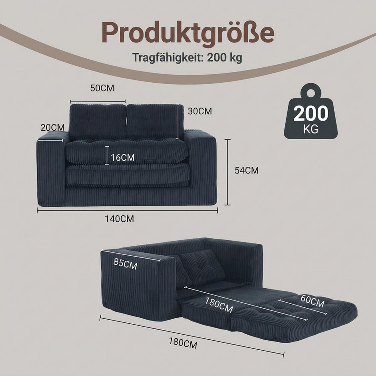SCHLAFSOFA 140/85/54 cm Schwarz Cord - Schwarz, Textil (85/54/140cm) - Oxeza