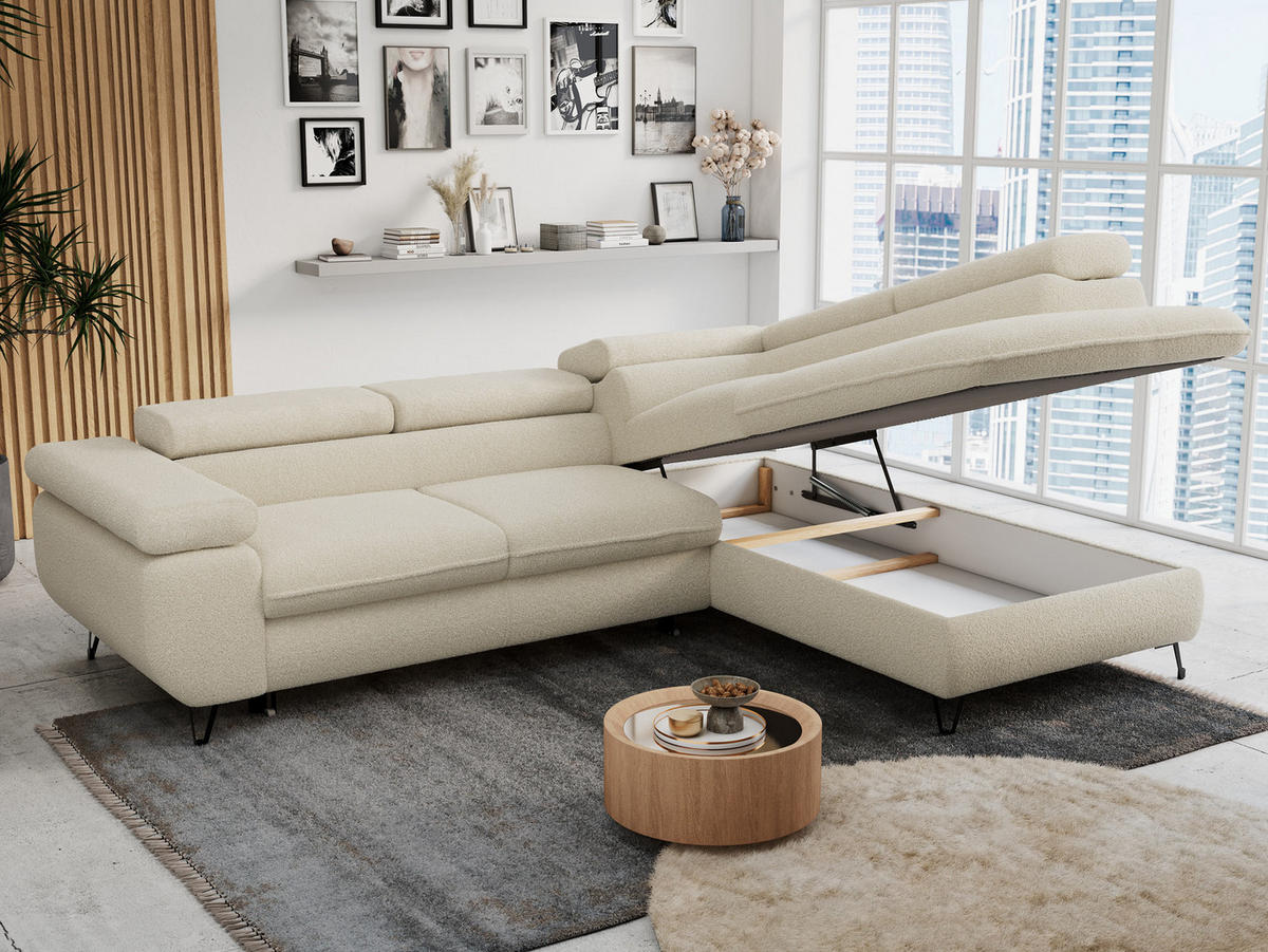 ECKSOFA PETER L Beige Boucle - Rechts Seite - Beige/Schwarz, Textil/Metall (273/208cm) - MKS