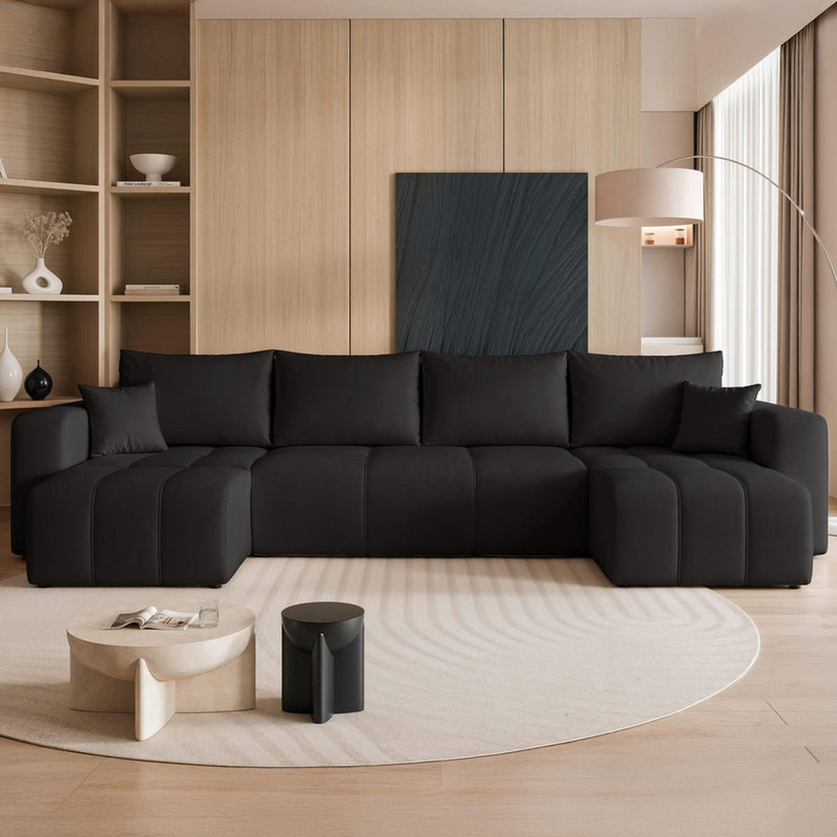 WOHNLANDSCHAFT U-Form Velours mit Bettkasten und Schlaffunktion - Anthrazit, Holzwerkstoff/Kunststoff (318/79/145cm) - Idohome