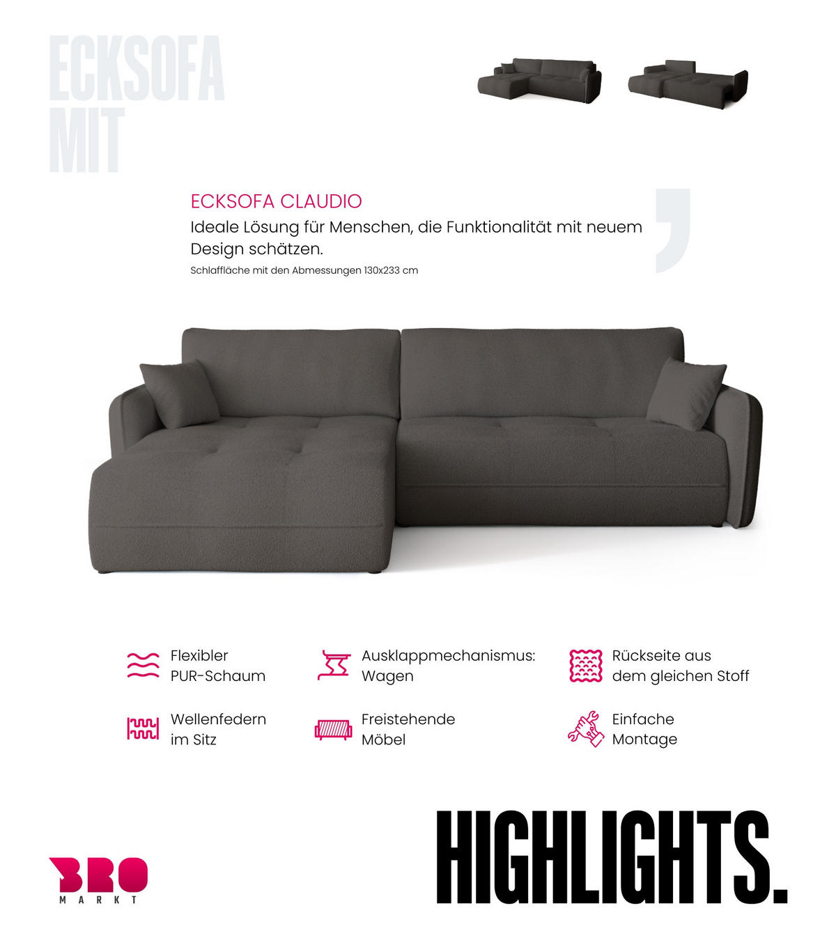 ECKSOFA CLAUDIO mit Schlaffunktion Dunkelgrau - Dunkelgrau, Textil (263/150cm) - Bromarkt