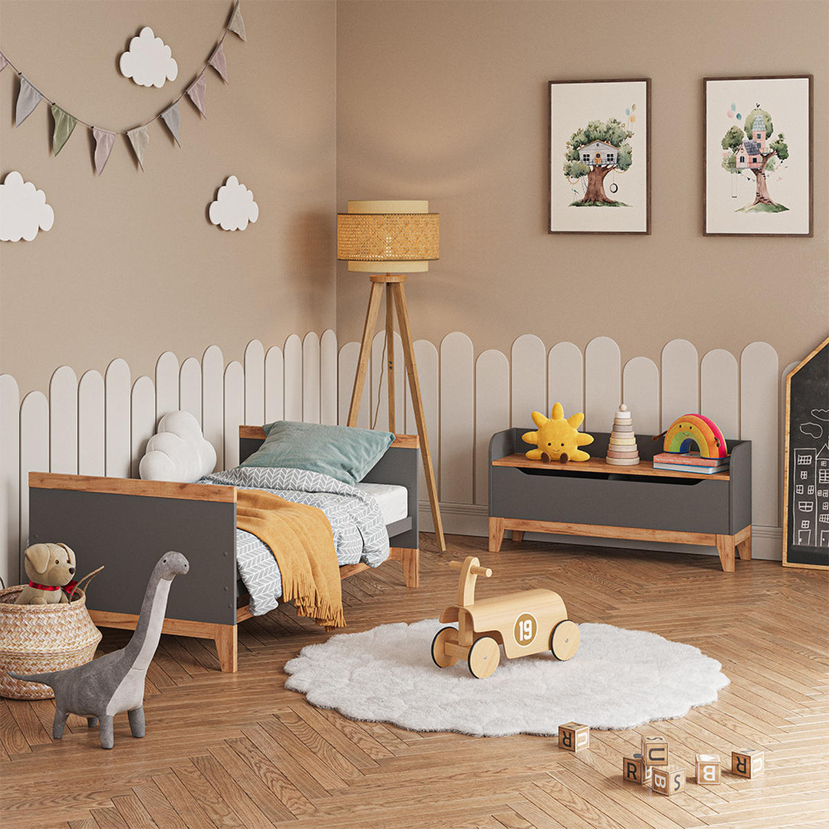 SPIELZEUGTRUHE Malia Grau/Artisan 107.2 x 50 cm mit Sitzfläche - Hellgrau/Grau, Holzwerkstoff (107.2/30cm) - VitaliSpa