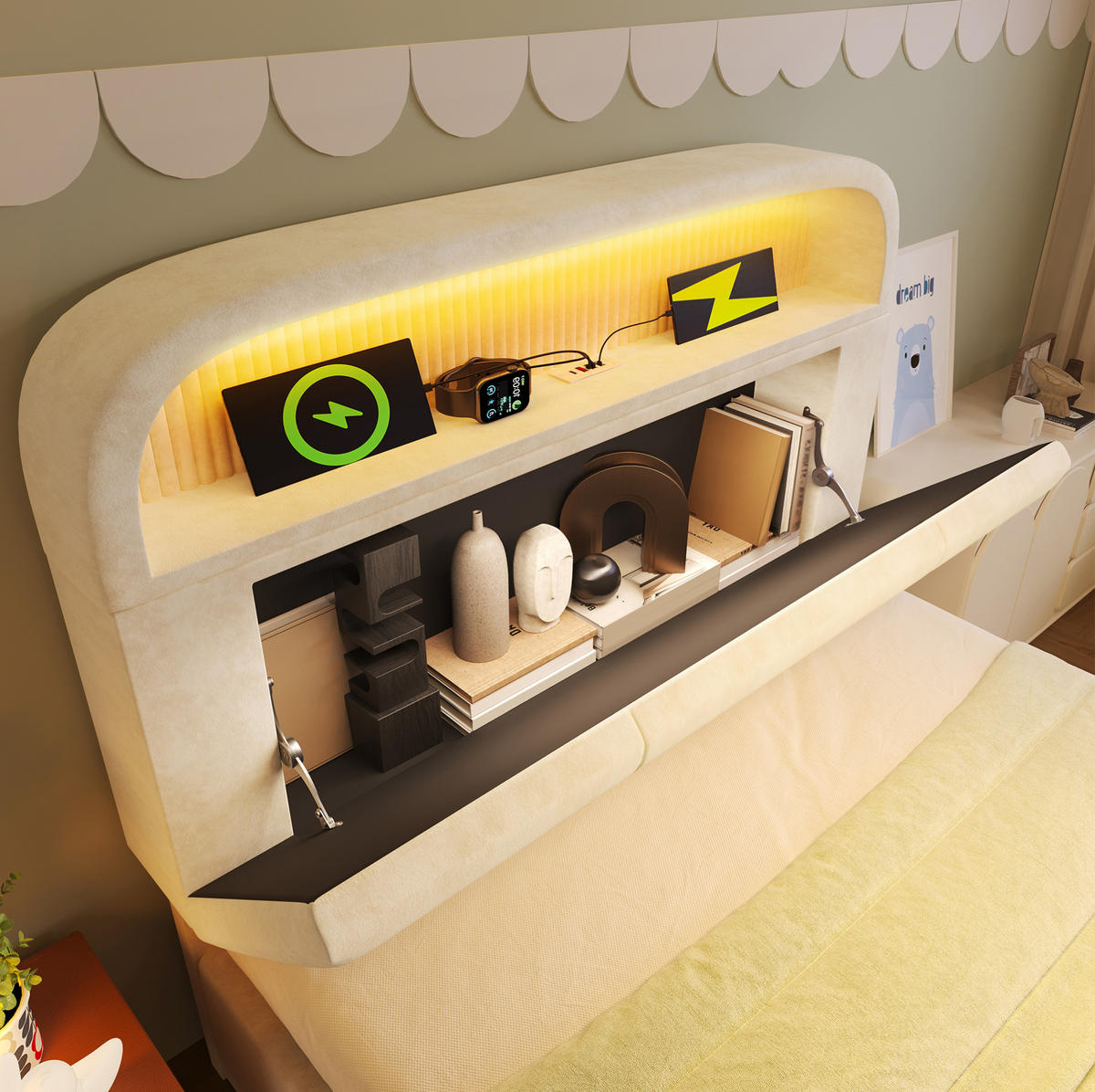 POLSTERBETT mit Stauraum 90x200 cm Samt Beige mit LED & USB - Beige, Metall (90/200cm) - Meubliv