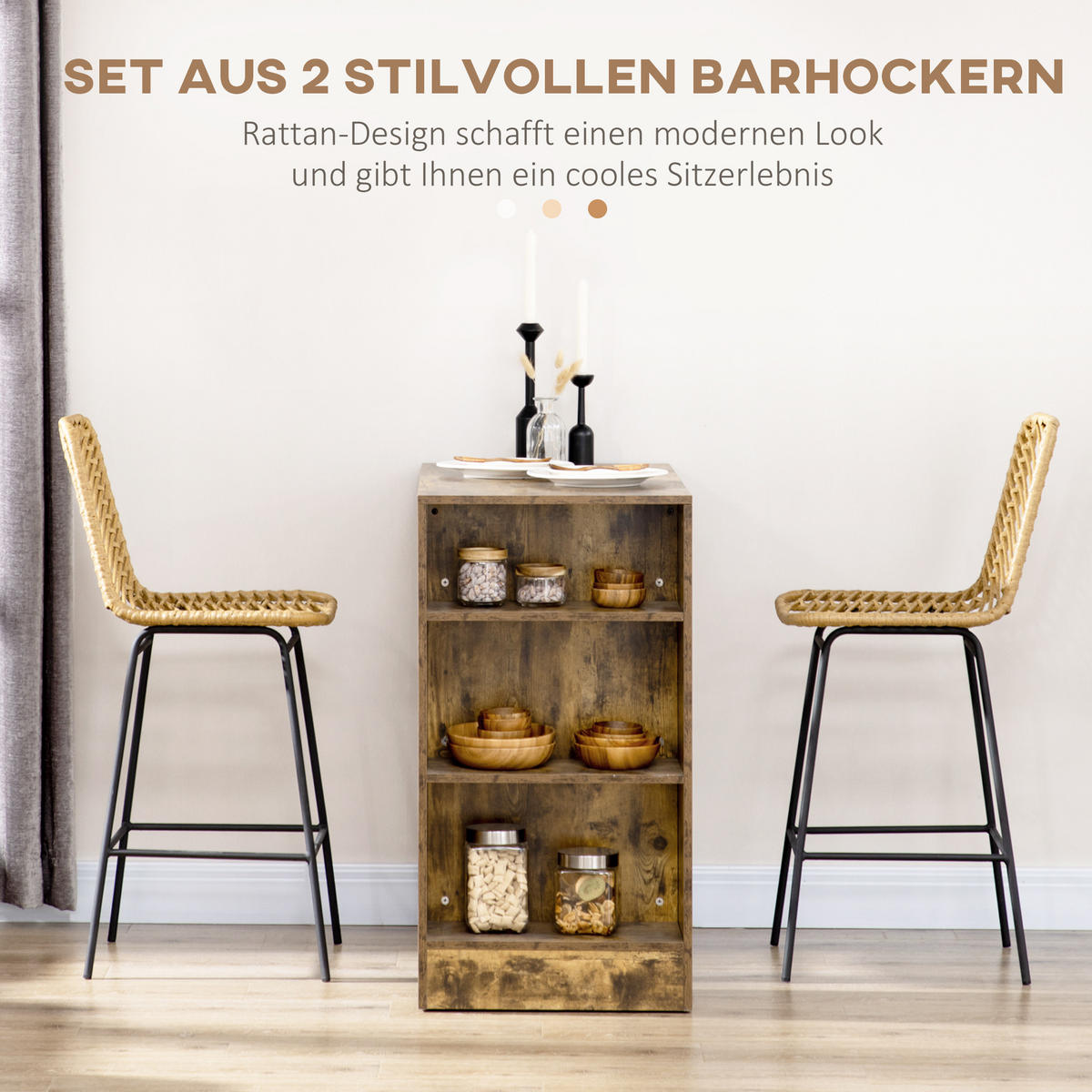 BARHOCKER 2er Set, Barstuhl mit Rattenoptik, Tresenhocker mit Rückenlehne Gelb - Gelb/Schwarz, Kunststoff/Metall (52/102/42.5cm) - HOMCOM