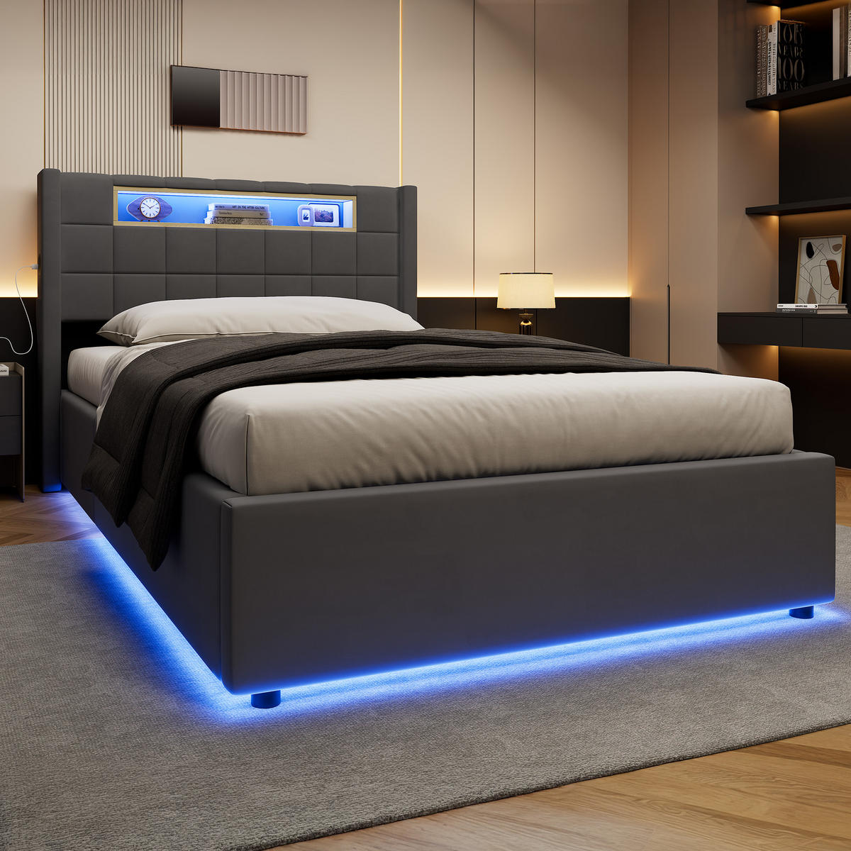 POLSTERBETT 90×200 mit Hydraulische Bettkasten und LED Beleuchtung in Grau, ohne Matratze - Grau, Holzwerkstoff/Textil (90/200cm) - STILVORA
