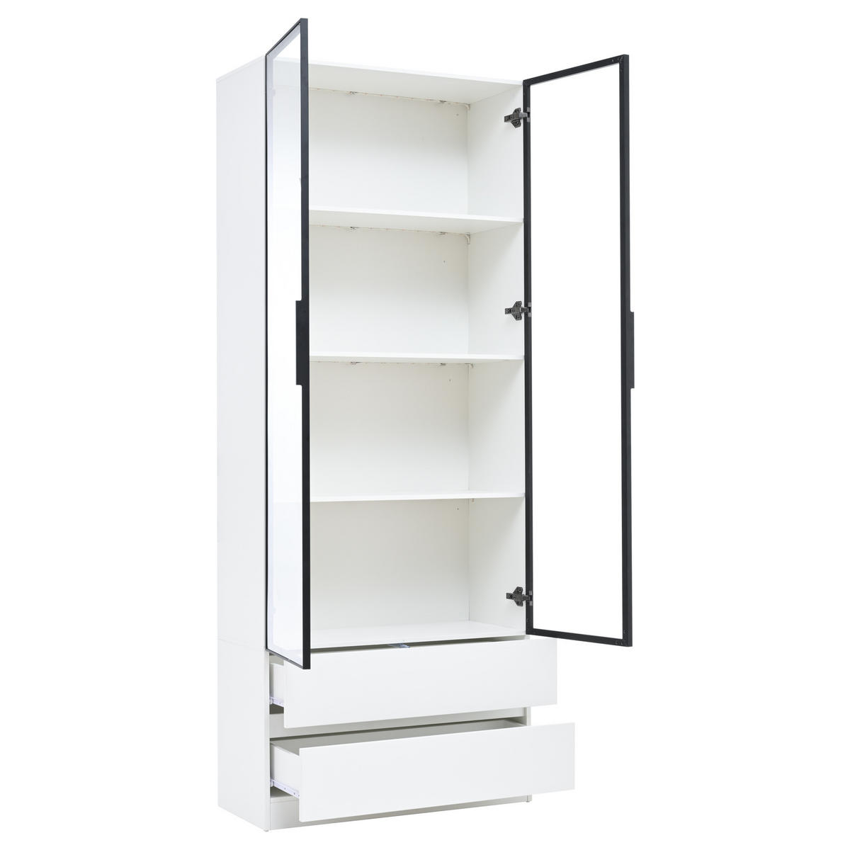 VITRINE weiß aus MDF mit Aluminium-Glastüren, zwei Schubladen und App-gesteuerter LED-Beleuchtung 80 × 34 × 200 cm - Weiß, Holzwerkstoff (80/200/34cm) - Luhomfu