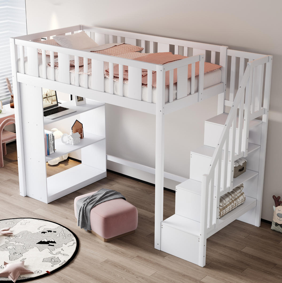 VYSOKÁ posteľ 90/200 cm biela z dreva s úložným priestorom a bezpečnostným rebríkom - biela, drevo (90/200cm) - OKWISH