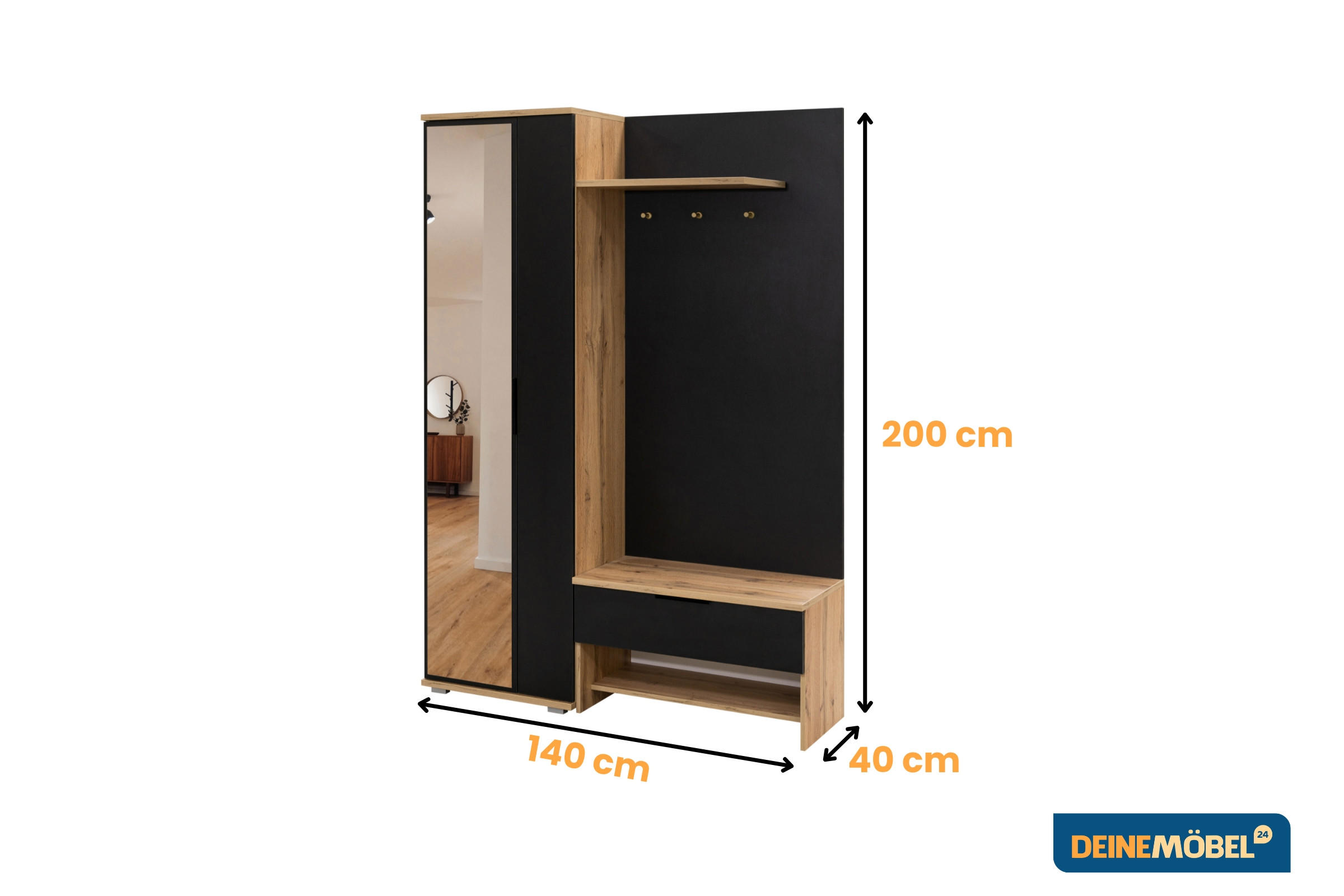 GARDEROBE MILANO 140/200 in Eiche Wotan / Schwarz - Eiche Wotan/Schwarz, Holzwerkstoff (140/200/40cm) - Deine Möbel 24