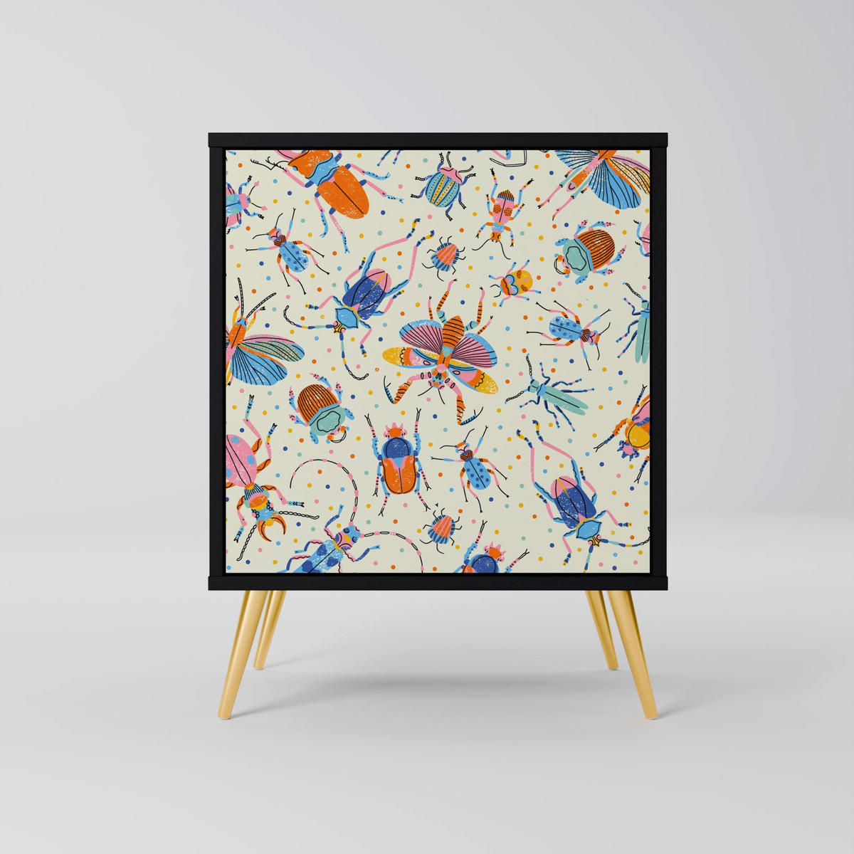 SIDEBOARD COLORFUL INSECTS, Schwarz, 57,5x42x72,5 cm, Schwarze Metallfüße - Multicolor/Schwarz, Holzwerkstoff/Metall (57.5/72.5/42cm) - SpaceRebels