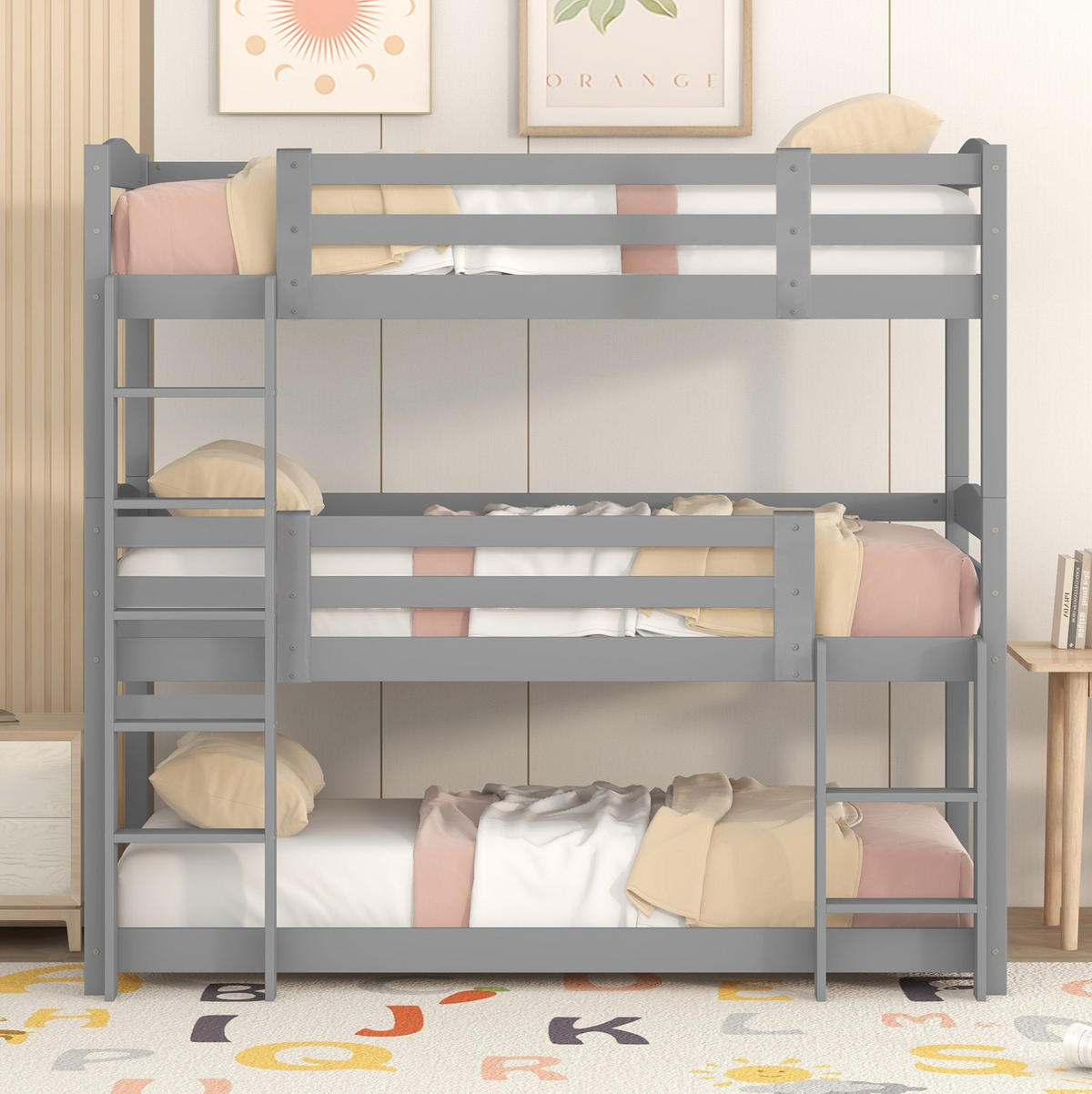 ETAGENBETT 90/200 cm Grau aus Kiefernholz, 3 Schlafplätze mit 2 Leitern - Grau, Holz (90/200cm) - Flora Grace