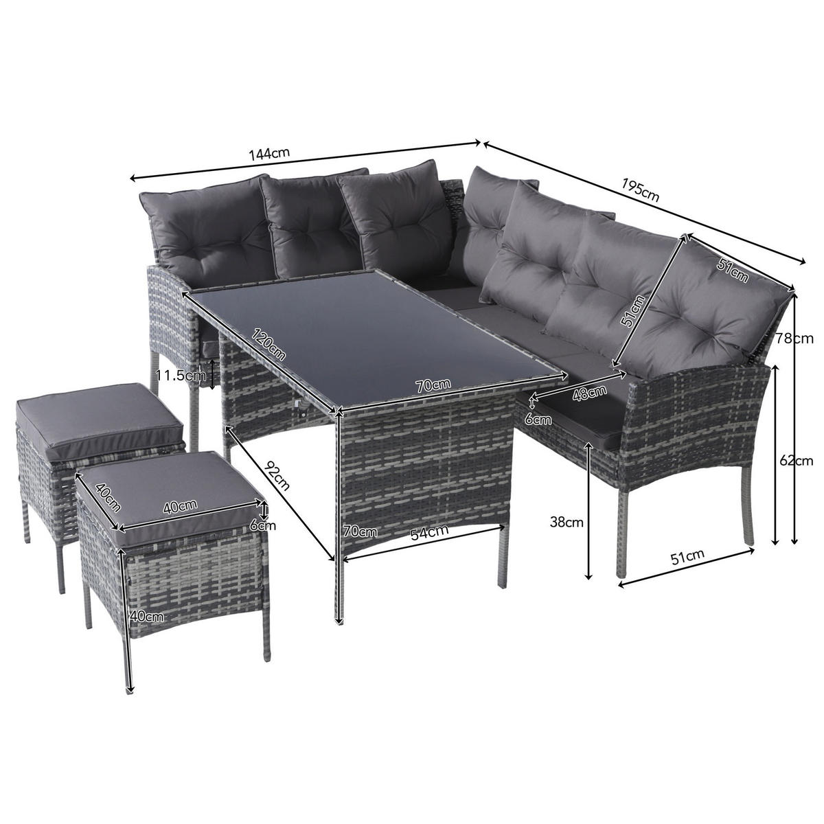RATTAN Sitzgruppe Gartenlounge für 7 Personen mit Sofa Tisch Hocker Kissen Bezüge abnehmbar und waschbar Grau - Grau, Metall - FLIEKS