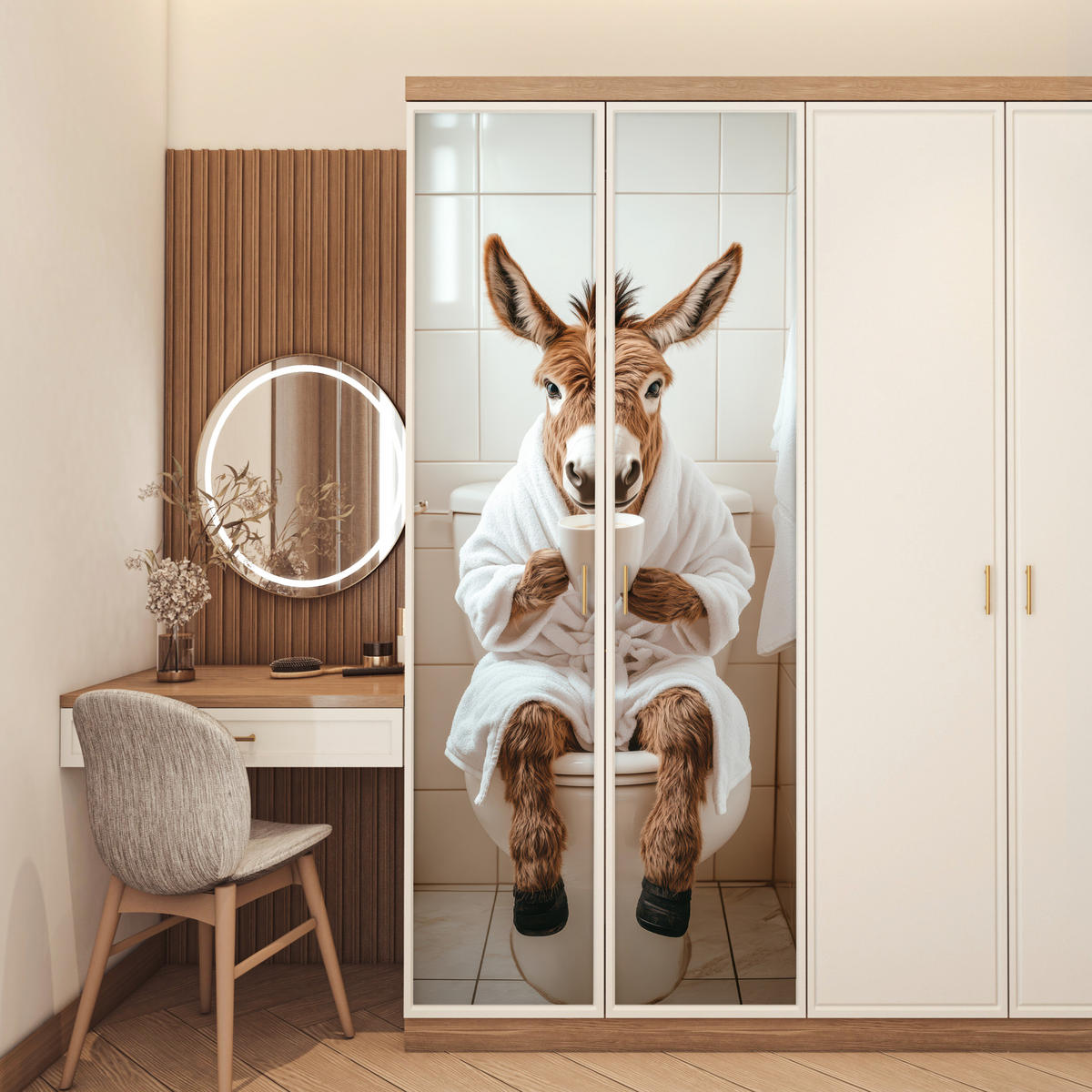 NÁLEPKA NA DVERE Oslík - WC - Vtipné - Župan - Zviera 80x215 cm - béžová, plast (80/0.1cm) - MuchoWow