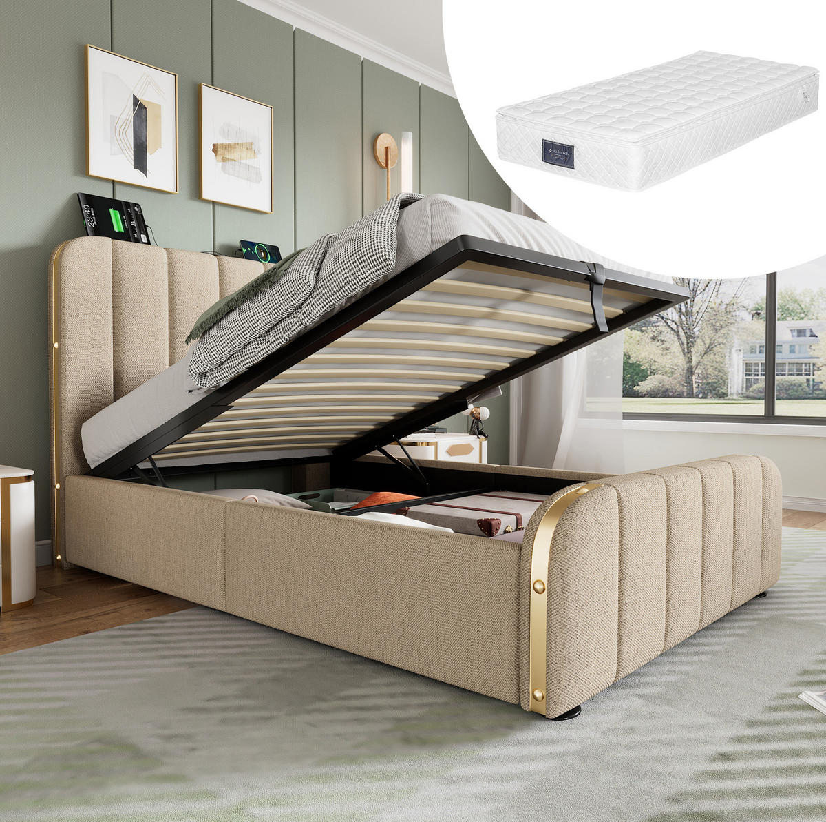 POLSTERBETT mit Stauraum und USB/Typ-C 90x200 cm Beige Leinen inkl. Matratze - Beige, Metall (90/200cm) - Meubliv