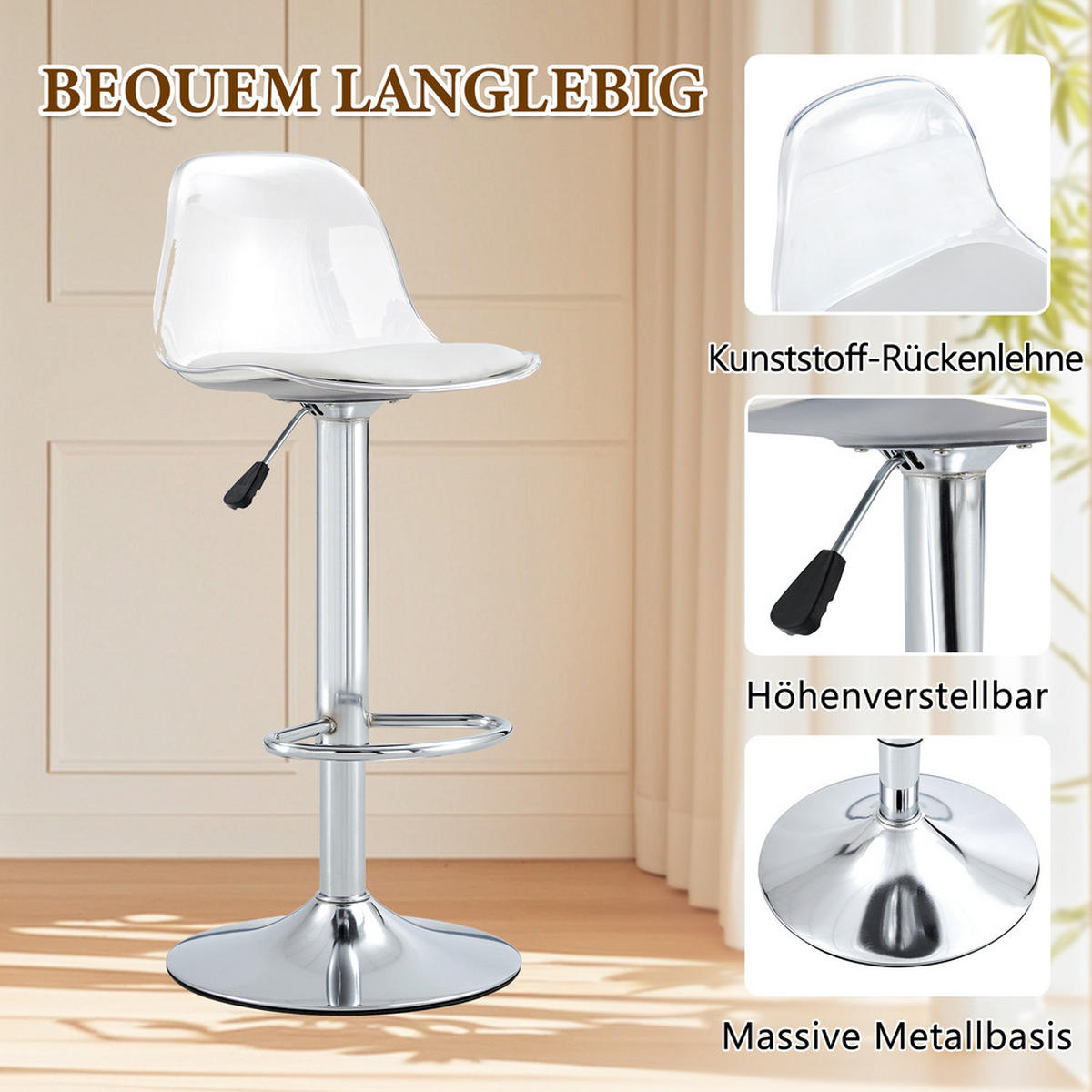 TISCHGRUPPE 3-tlg Glastisch 89 cm mit 2 Hocker Silber Höhenverstellbar - Silberfarben, Glas/Metall (49.5/50/51cm) - Raelunyi