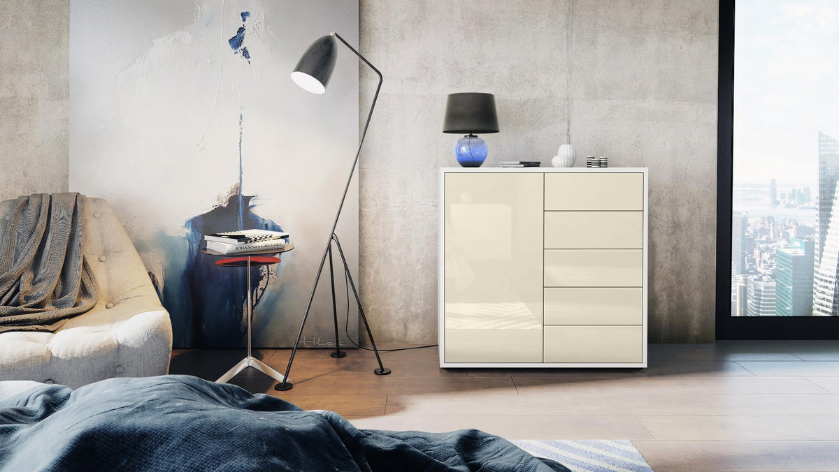 KOMMODE Ben Front in Creme Hochglanz - Creme, Holzwerkstoff (79/74/36cm) - Vladon