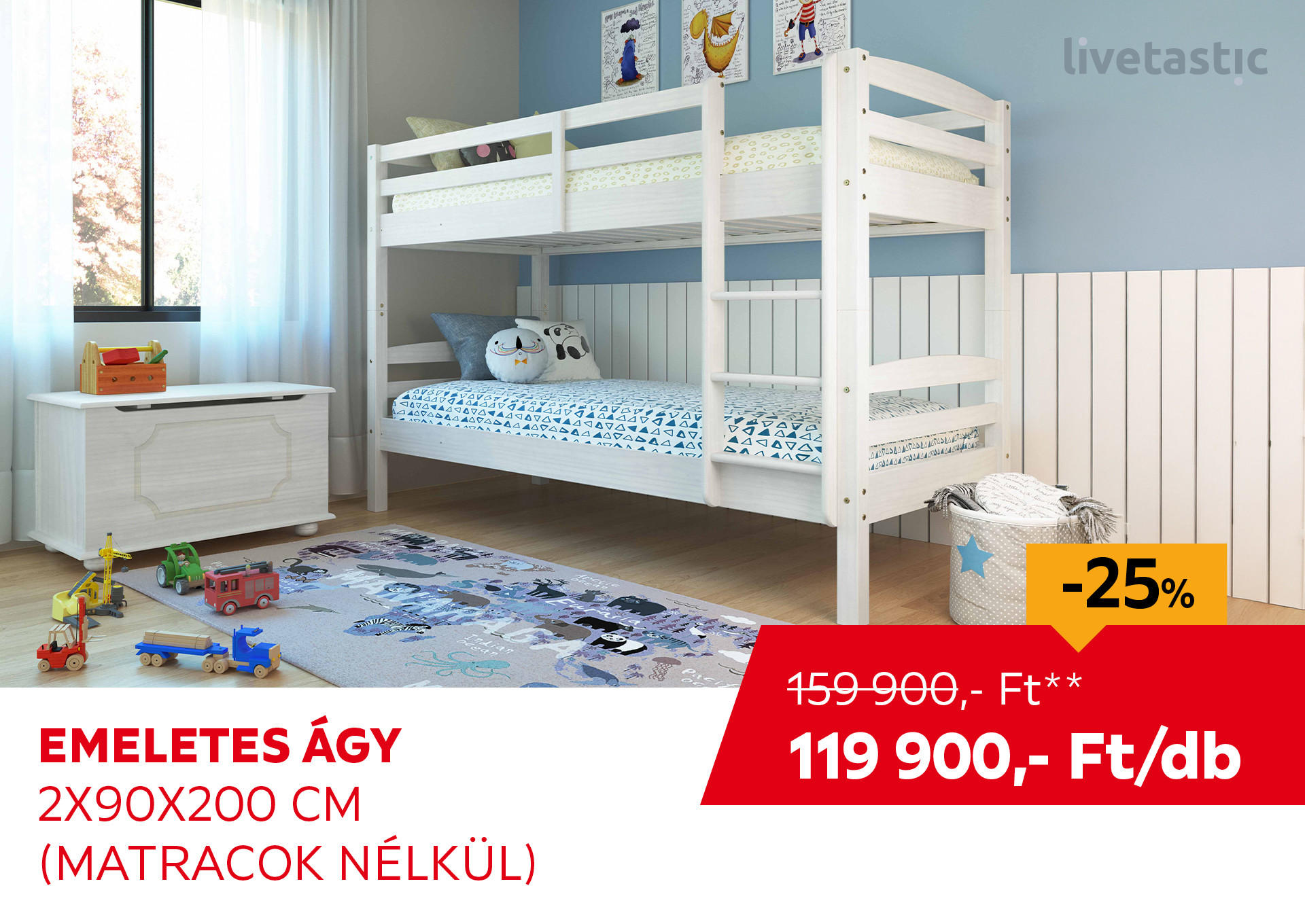 EMELETES ÁGY 2 x 90x200 CM (MATRACOK NÉLKÜL) Kiemelt termék 159900 Ft.- helyett 119900 Ft.-