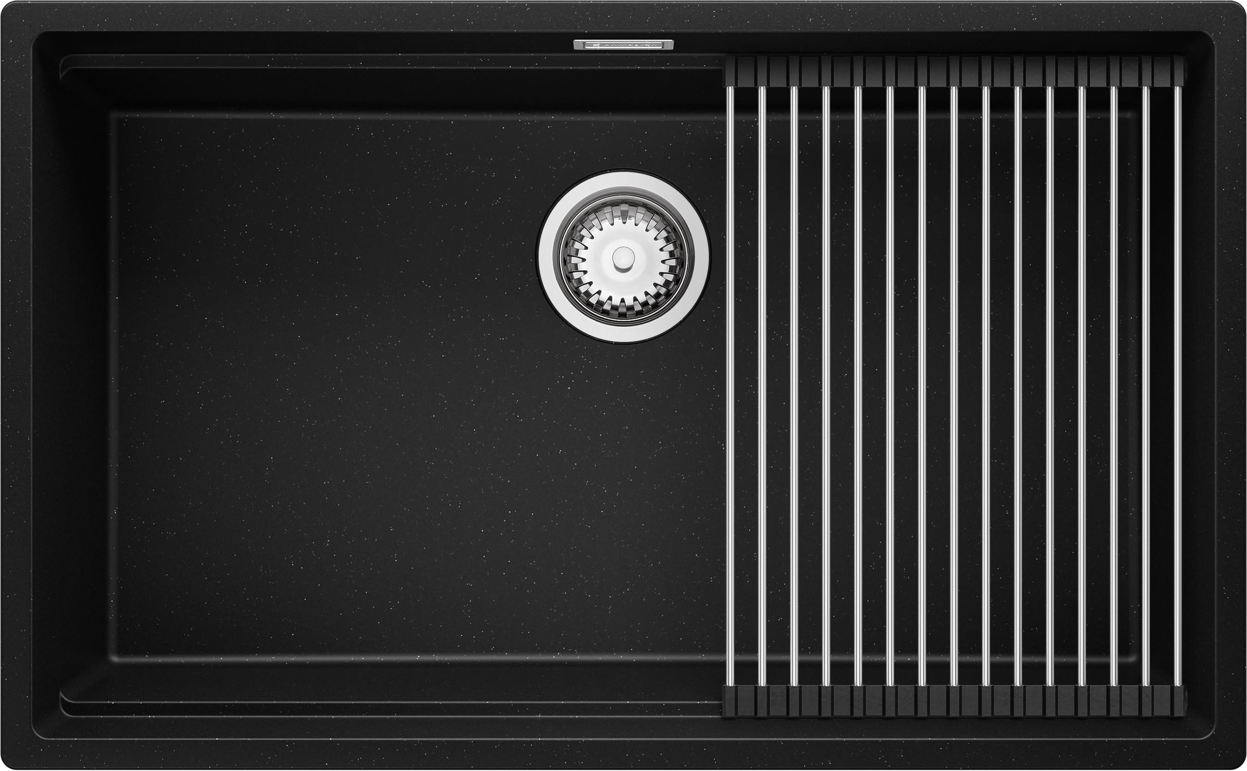 SPÜLBECKEN Praga Slim, 2-er set Schwarz Metallic 76/47 cm 1 Becken + Ablauf-Set + Aufrollbare Abtropffläche ab 80er Unterschrank - Chromfarben/Schwarz Hochglanz, Kunststoff (76/20/47cm) - Primagran