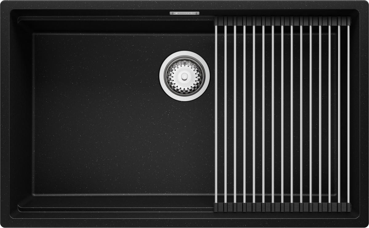 SPÜLBECKEN Praga Slim, 2-er set Schwarz Metallic 76/47 cm 1 Becken + Ablauf-Set + Aufrollbare Abtropffläche ab 80er Unterschrank - Chromfarben/Schwarz Hochglanz, Kunststoff (76/20/47cm) - Primagran