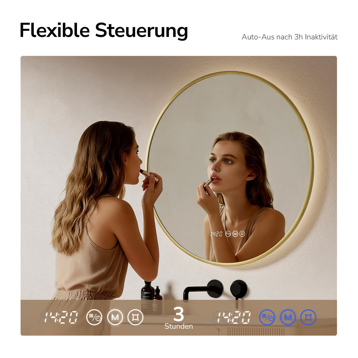 BADSPIEGEL mit LED-Beleuchtung, Anti-Beschlag-Funktion und Uhrzeitanzeige Goldfarben Ø 70 cm - Goldfarben, Glas (70/70/3cm) - EMKE