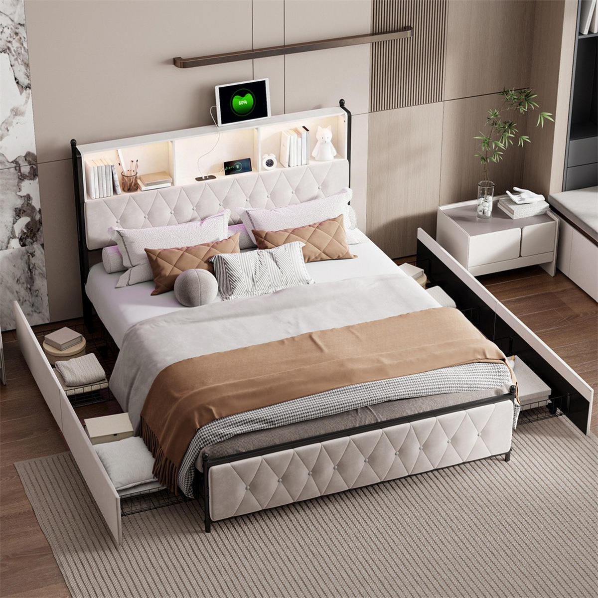 POLSTERBETT 160x200 cm mit 4 Schubladen - Kopfteil mit Stauraumfächern,USB&Type-C Ladestation und LED-Beleuchtung - Beige, Textil (160/200cm) - DELFA
