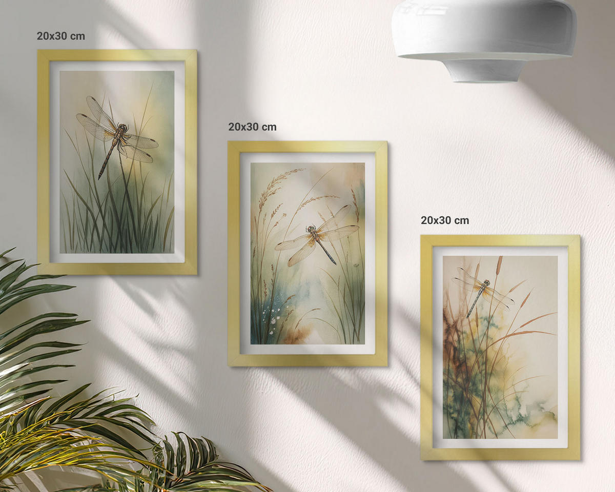 BILDER SET 3er Set - 20x30 cm Goldrahmen - Libellengräser über dem Wasser - Goldfarben, Kunststoff (20/30cm) - TULUP