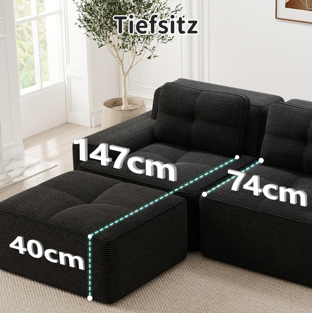 ECKSOFA 204/177/69 cm schwarz aus Cord mit Tiefsitz und boneless Design - Schwarz, Textil (177/204cm) - OKWISH