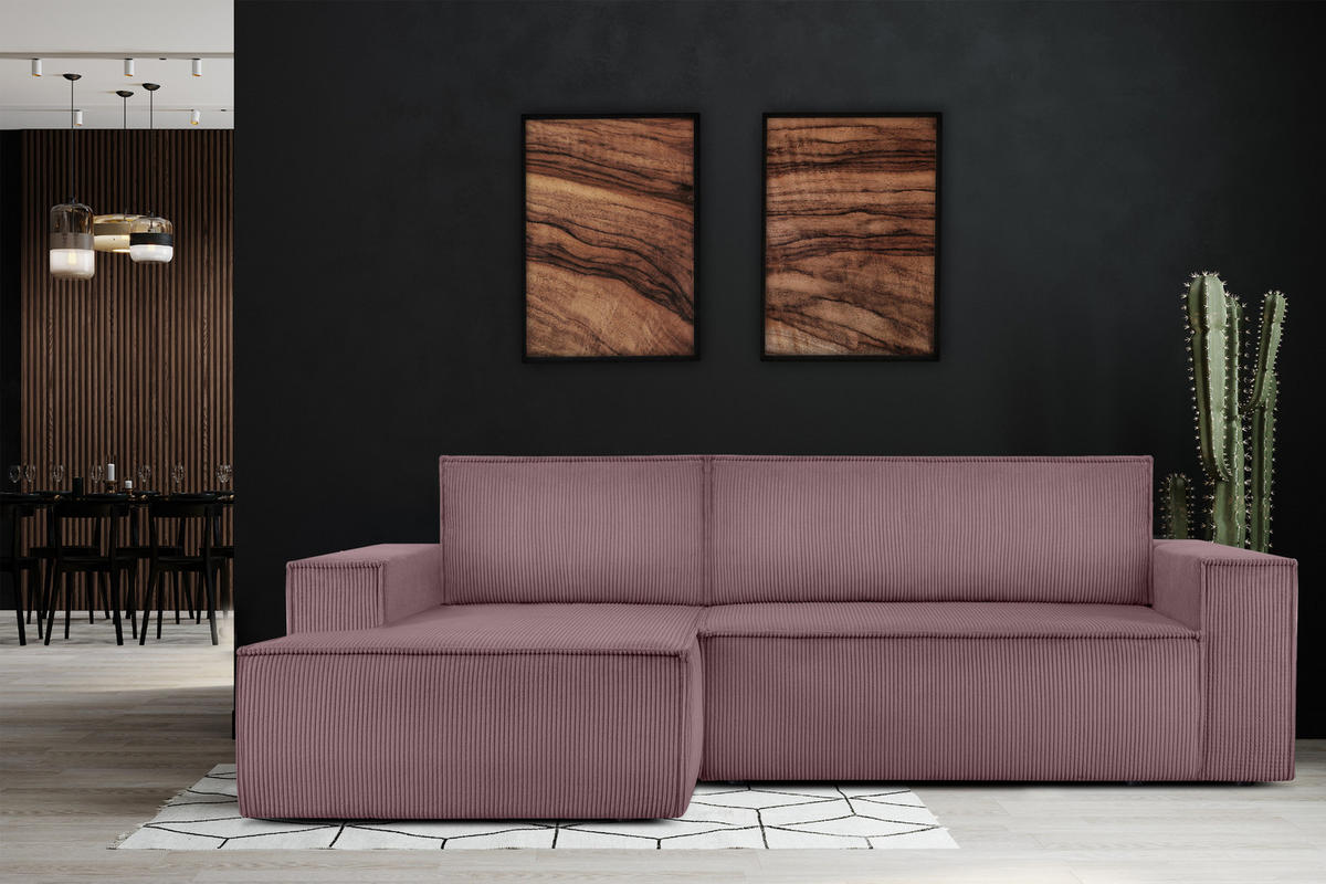 ECKSCHLAFSOFA-LINKS NAPI in Pet Friendly Cord-Stoff, hellviolett - Violett/Schwarz, Textil (262/148cm) - KONSIMO®