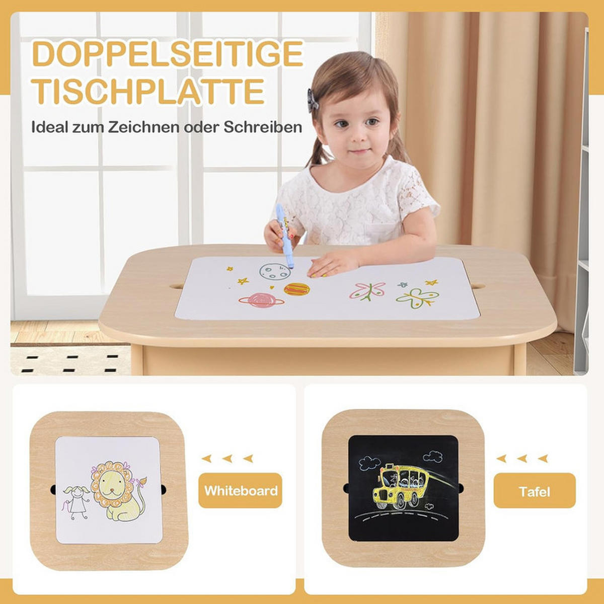KINDERTISCH mit 2 Stühlen natur (3-tlg) - Naturfarben, Holzwerkstoff (60/49/60cm) - COSTWAY