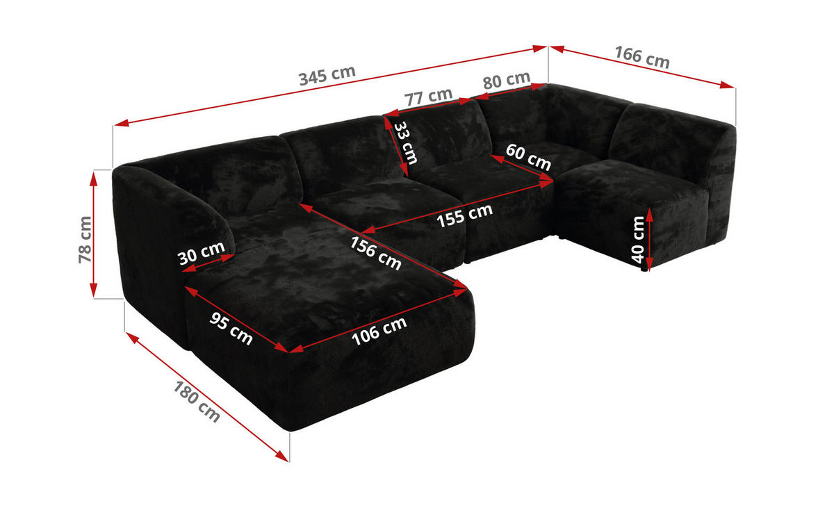WOHNLANDSCHAFT MODARO U 5M - Schwarz Plüsch - Links - Schwarz, Textil (180/78/345cm) - MKS