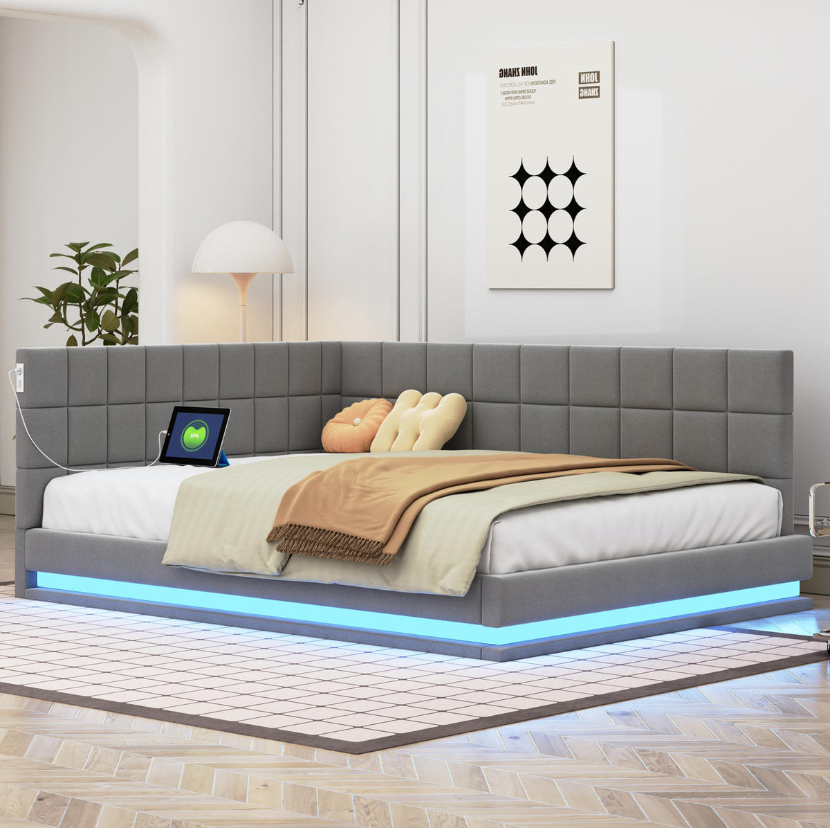 POLSTERBETT 140/200 cm aus Leinen mit LED-Lichtleiste, USB-Steckdose und Lattenrost Grau - Grau, Textil (140/200cm) - Modenvie