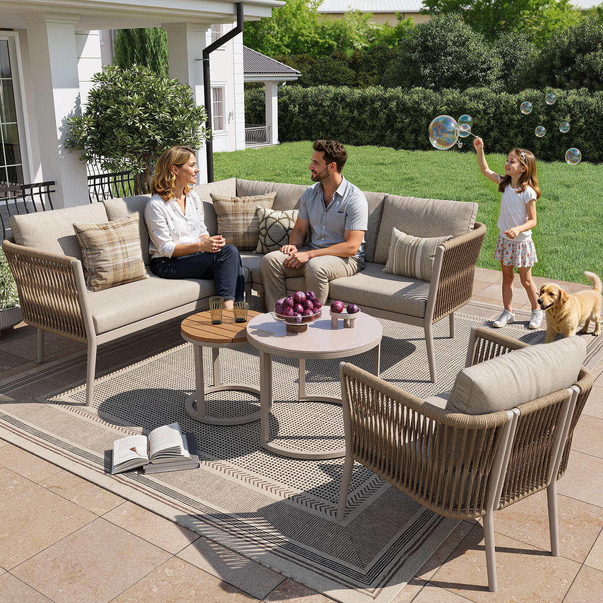 LOUNGESET Modular 5-6 Personen Beige 6-tlg. PE-Rattan - Beige, Metall - FLIEKS