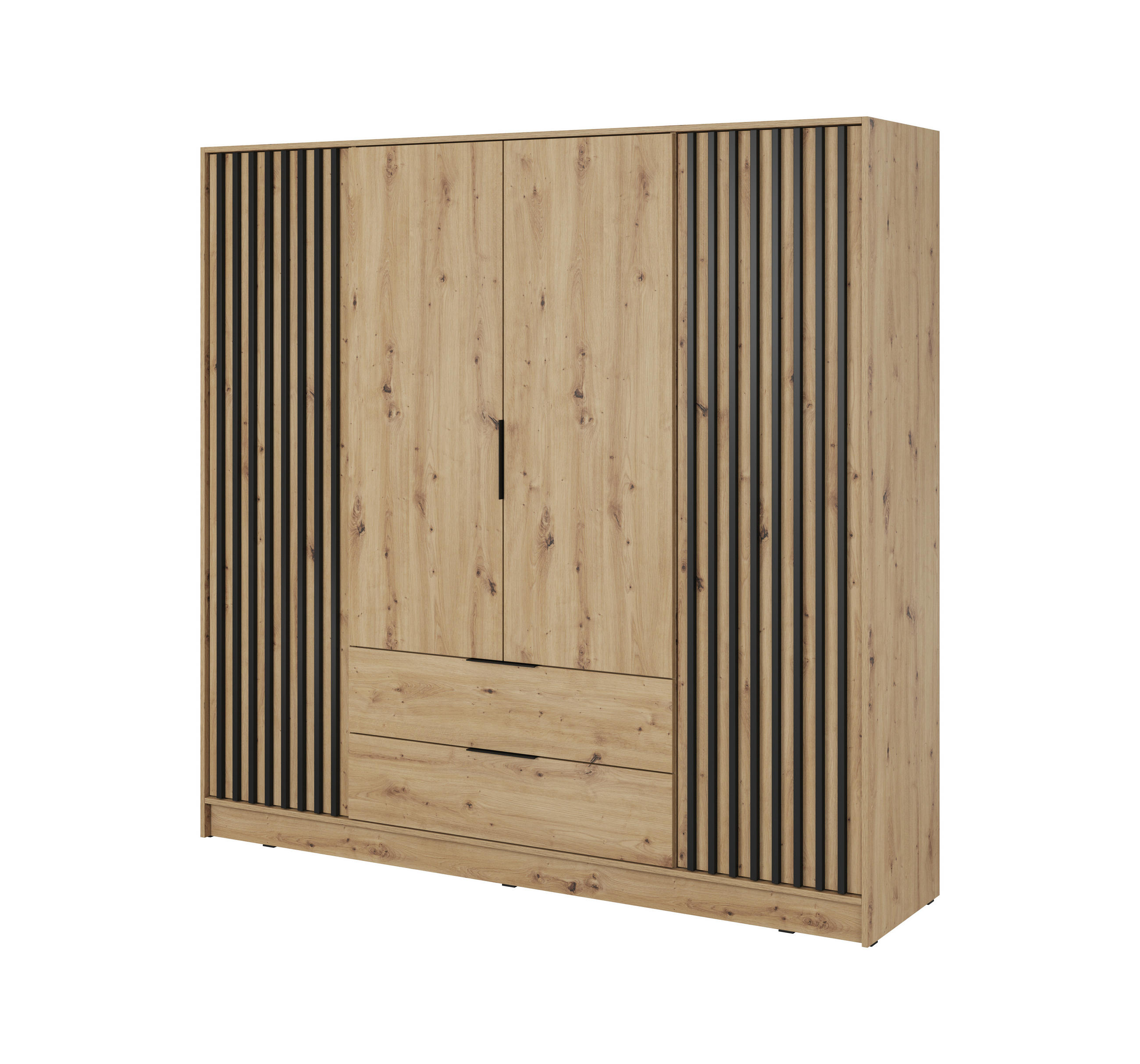 KLEIDERSCHRANK Nelly 4D, Eiche, Schwarzer Paspelierung, mit Schubladen - Schwarz/Eiche Artisan, Holzwerkstoff (206/200/51cm) - Bettso