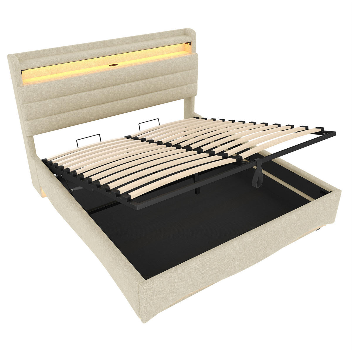 ČALÚNENÁ posteľ z ľanu 140x200 cm sivá s LED osvetlením, hydraulickým úložným priestorom, USB a USB-C - sivá, textil (140/200cm) - Modfu