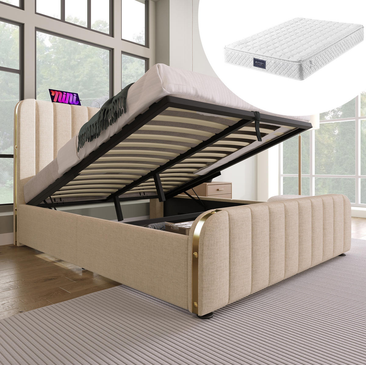 TAPECIRANI krevet od lana 140x200 cm bež s USB-C priključkom, hidrauličkim spremištem i madracem - bež, tekstil (140/200cm) - Modfu