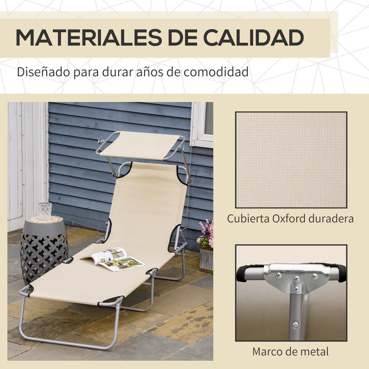 SONNENLIEGE Klappbare Gartenliege mit Sonnendach und verstellbarer Rückenlehne 187 x 58 x 36 cm ,Beige - Beige, Metall (58/36/187cm) - Vallsero