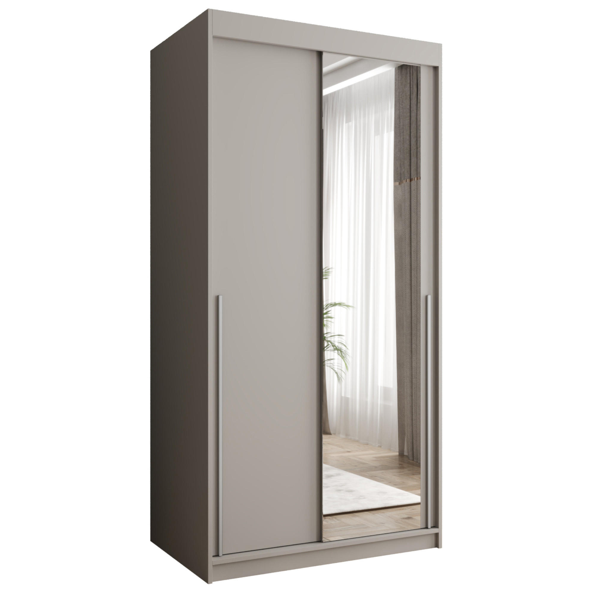 SCHIEBETÜRENSCHRANK mit Spiegel 100 cm Breite Kaschmirmit silbernem Griff - Kaschmir/Silberfarben, Holzwerkstoff (250/200/62cm) - Home Collective