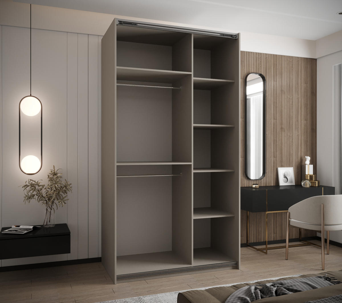SCHWEBETÜRENSCHRANK 245,5/140/64 2-türig - Kaschmir/Silberfarben, Holz/Metall (140/245/64cm) - Abiks Möbel