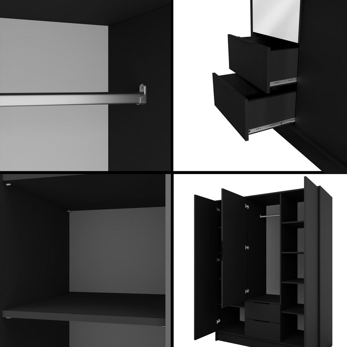 KLEIDERSCHRANK mit Spiegel und Flügeltüren KOLIN 150x200cm Schwarz - Schwarz, Holzwerkstoff (150/200/51cm) - ALTDECOR