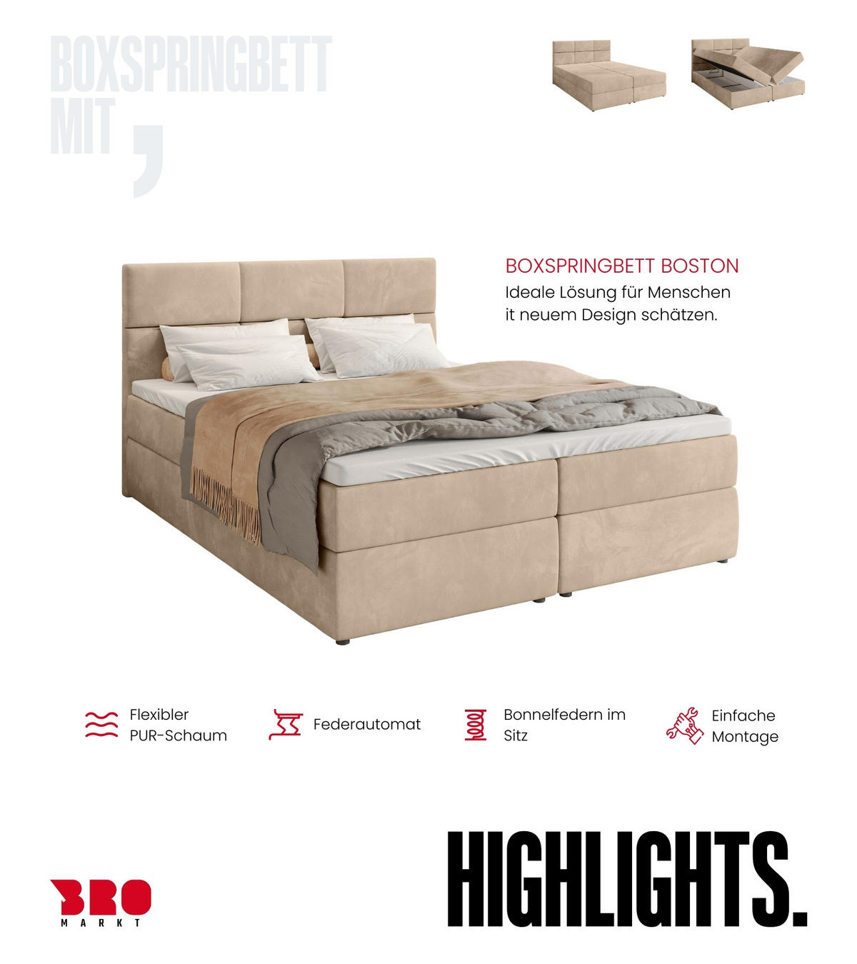 BOXBETT Boston mit Topper 140/200 Beige - Beige, Holzwerkstoff/Textil (140/200cm) - Bromarkt