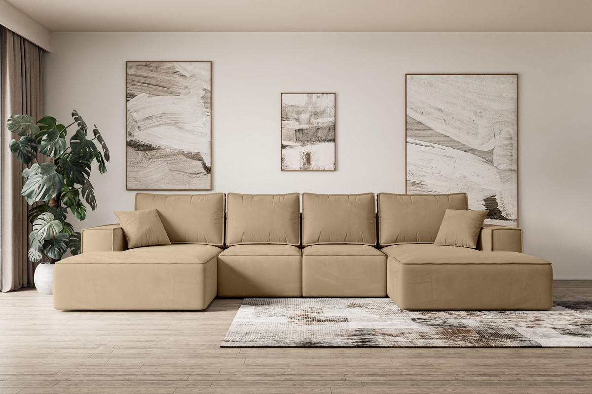 WOHNLANDSCHAFT mit Schlaffunktion und Bettkasten SIERRA-U-S - 349x161x87 cm Beige Velours - Beige/Schwarz, Holzwerkstoff/Kunststoff (349/87/161cm) - ALTDECOR