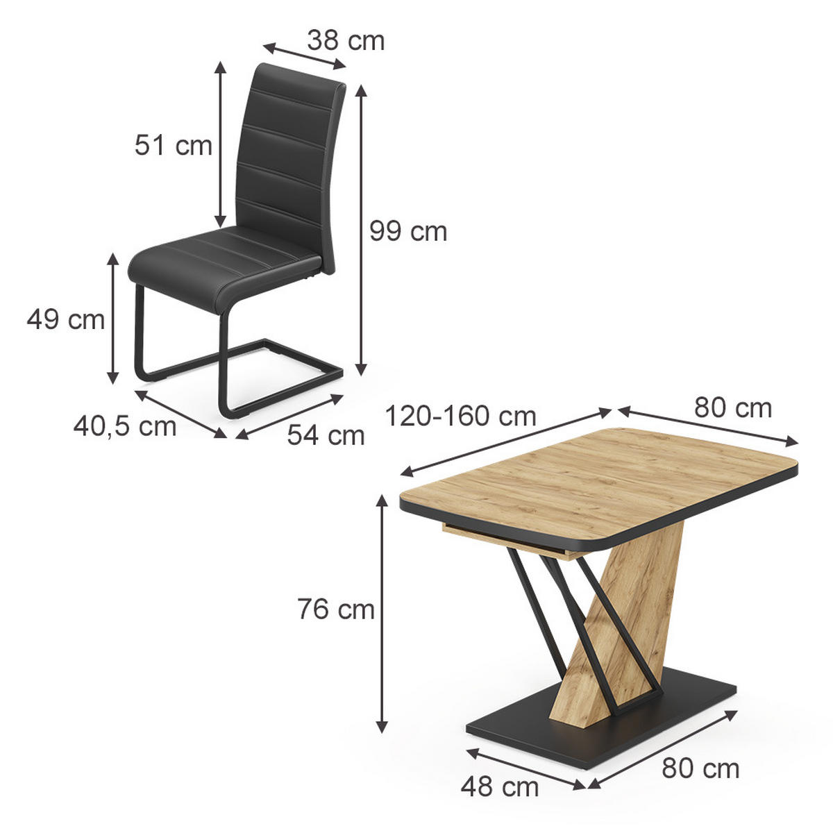 SÚPRAVA JEDÁLENSKÉHO STOLA Fenaro, Dub Goldkraft, 120 x 80 cm so 4 jedálenskými stoličkami, čierne - dub medový, kompozitné drevo (120/76/80cm) - Vicco