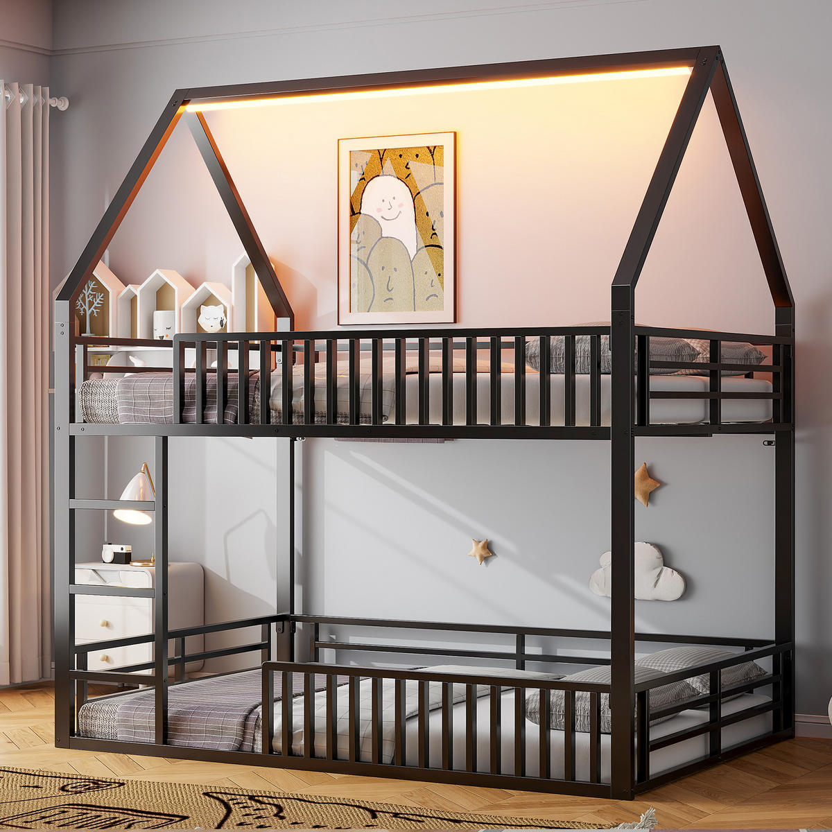 ETAGENBETT 140/200 cm Schwarz mit Zaun und LED-Licht - Schwarz, Metall (140/200cm) - Oxeza