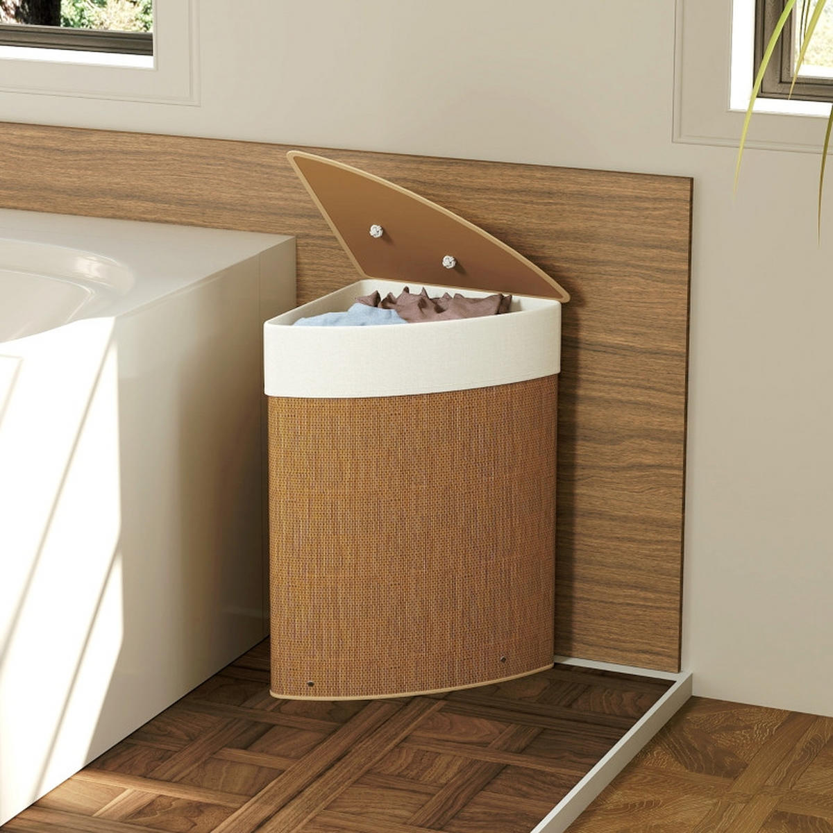 WÄSCHEKORB Bambus 55 L Ecke mit Deckel – Wäschesammler mit herausnehmbarem Sack, für Bad, Schlafzimmer & Waschküche, Braun - Braun, Holz (35/60/35cm) - Ej. Life