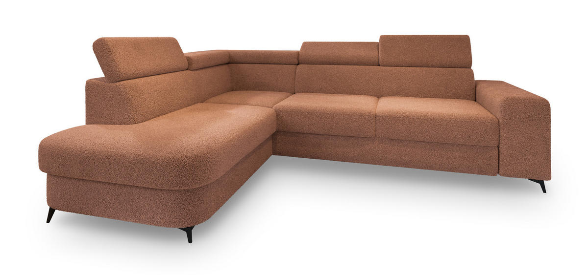 ECKSOFA ALVORO L-S Kupferfarben Boucle-Stoff mit Schlaffunktion - Kupferfarben, Holz (253/190cm) - MASSENO