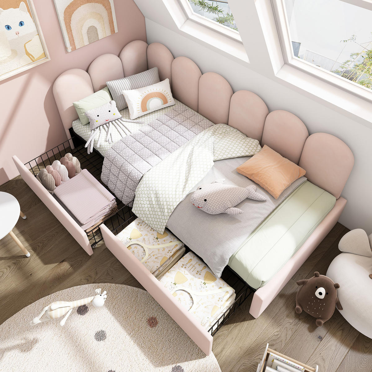 POLSTERBETT 90/200 cm Rosa mit Stauraum und Schubladen - Rosa, Textil (90/200cm) - OKWISH