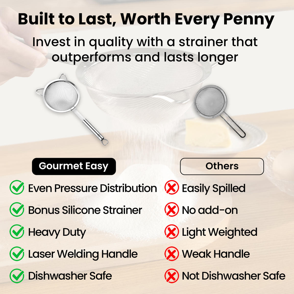 KÜCHENSIEB - Edelstahl,Sieb-Set, Edelstahl, 3-teilig: Mehlsieb, Nudelsieb und Silikon-Dosensieb - Edelstahlfarben, Metall (39/9/24cm) - Gourmet Easy