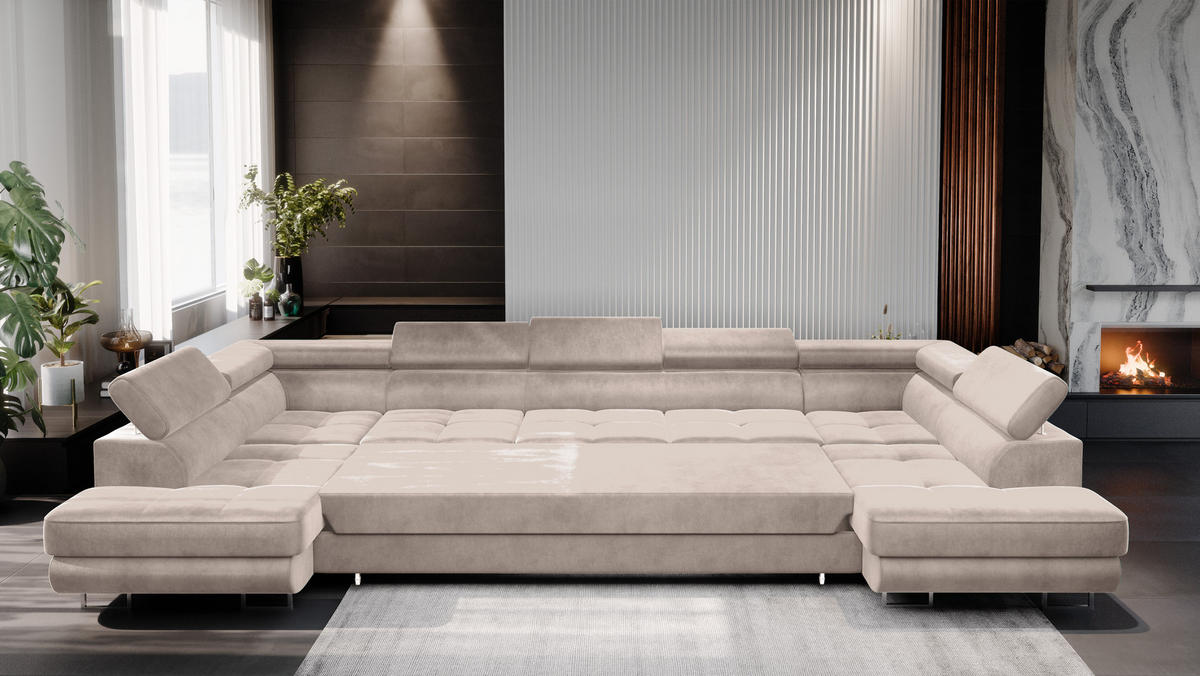 ECKSOFA U-Form WILD MAXI U2 mit Schlaffunktion 125x329 Velours Beige - Chromfarben/Beige, Holz/Textil (400/90/203cm) - Muffo