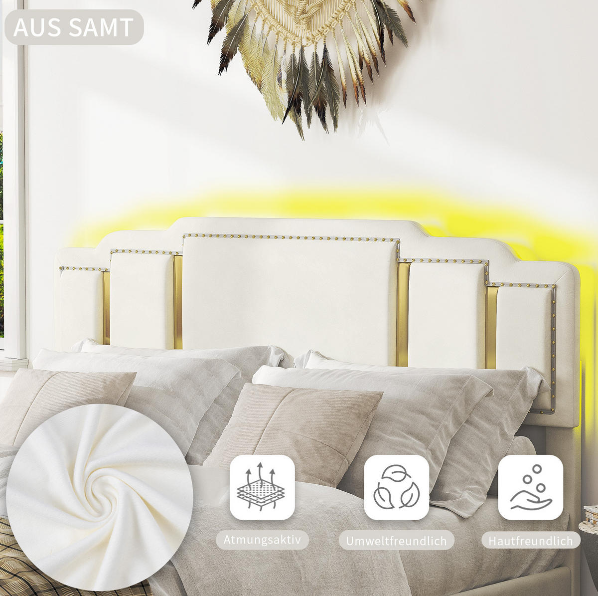 POLSTERBETT 160/200 cm mit 4 Schubladen, LED-Beleuchtung und Edelstahl-Zierleisten, Beige - Beige, Textil (160/200cm) - Redom